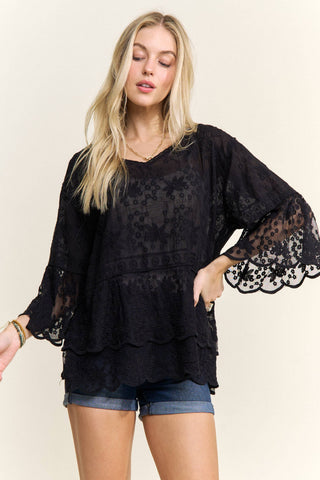 Bell Sleeve Lace Blouse Scallop Edge