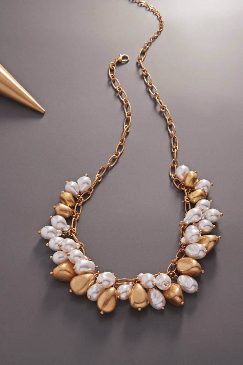 Gold & Pearl Bead Statement Cluster Necklace