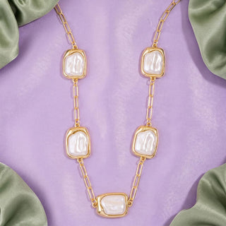 Baroque Pearl Station Paperclip Chain Necklace