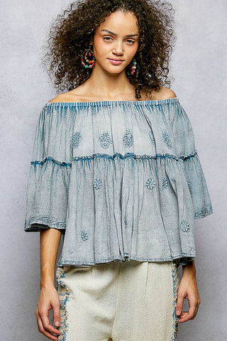 Off Shoulder Bell Sleeves Floral Embroidery Top