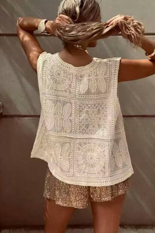 Sleeveless V-Neck Buttoned Crochet Tank