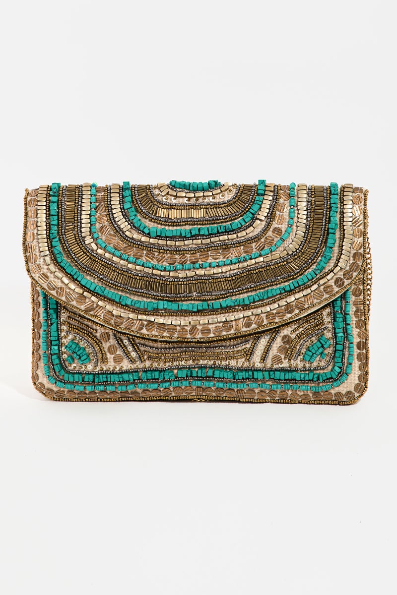 Boho Seed Beaded Clutch w/Chain Strap
