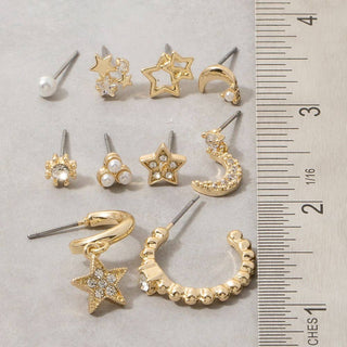 Star Moon Crystal 9 Pair Earring Set