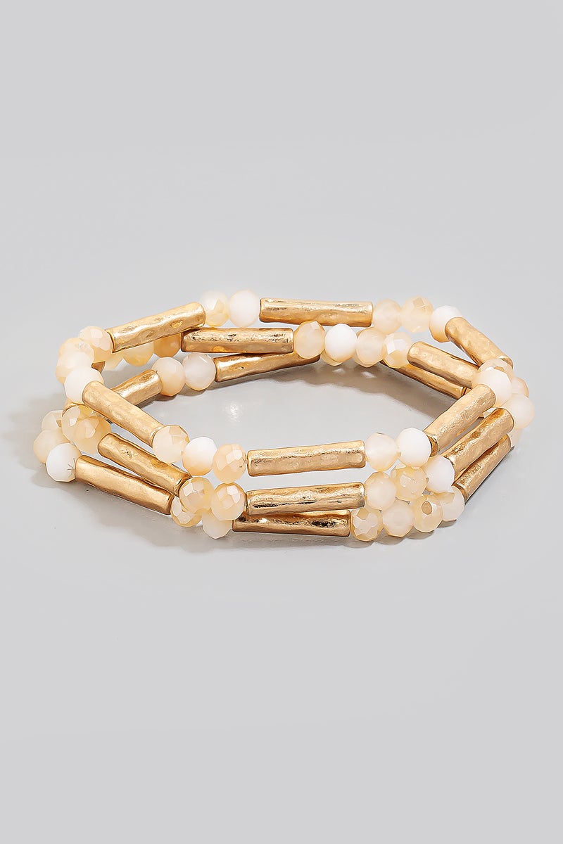 Natural Bead & Gold Tube Stretch Bracelet Set