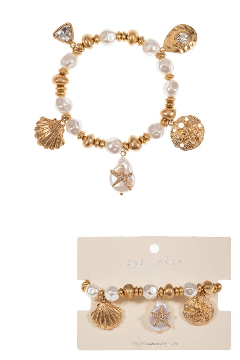Sealife Shaped Pearl With Charm Stretch Bracelet