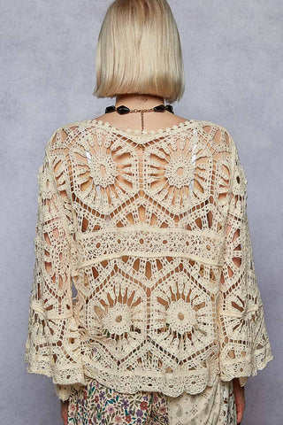 Round Neck 3/4 Sleeve Crochet Cropped Top