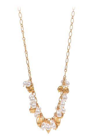 Gold & Pearl Bead Statement Cluster Necklace
