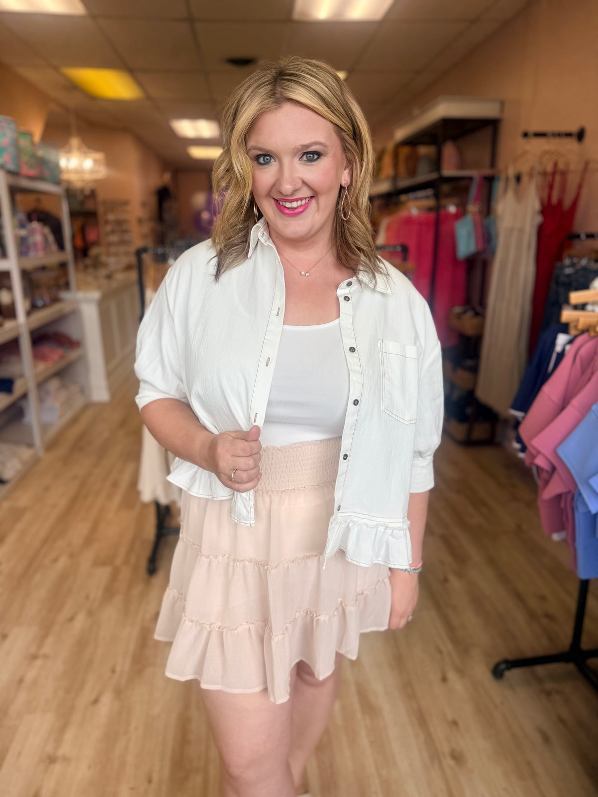 Ruffled Fray Hem 3/4 Sleeve Pocket Denim Shirt Top