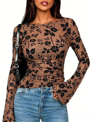 Floral Mesh Bell Sleeve Ruched Blouse