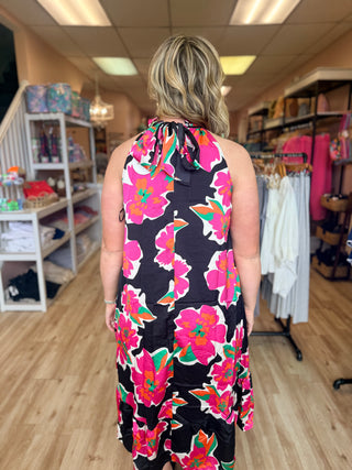 Floral Print Sleeveless Halter Neck Midi Dress