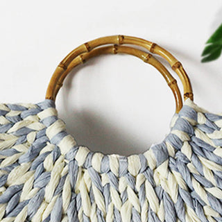 Weaving Straw Bag With Bamboo Handles