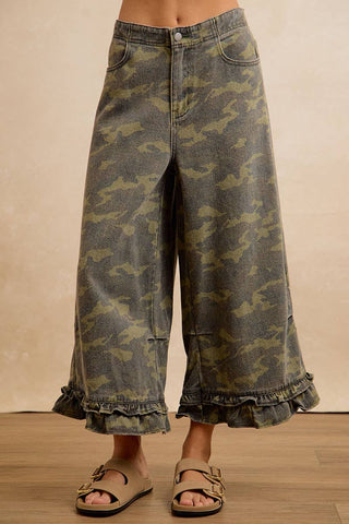 Camouflage Denim Ruffle Hem Pant