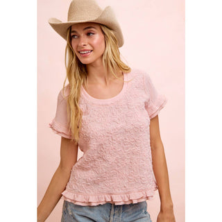 Textured Flower Ruffled Sleeve Top
