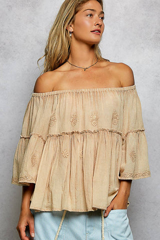 Off Shoulder Bell Sleeves Floral Embroidery Top