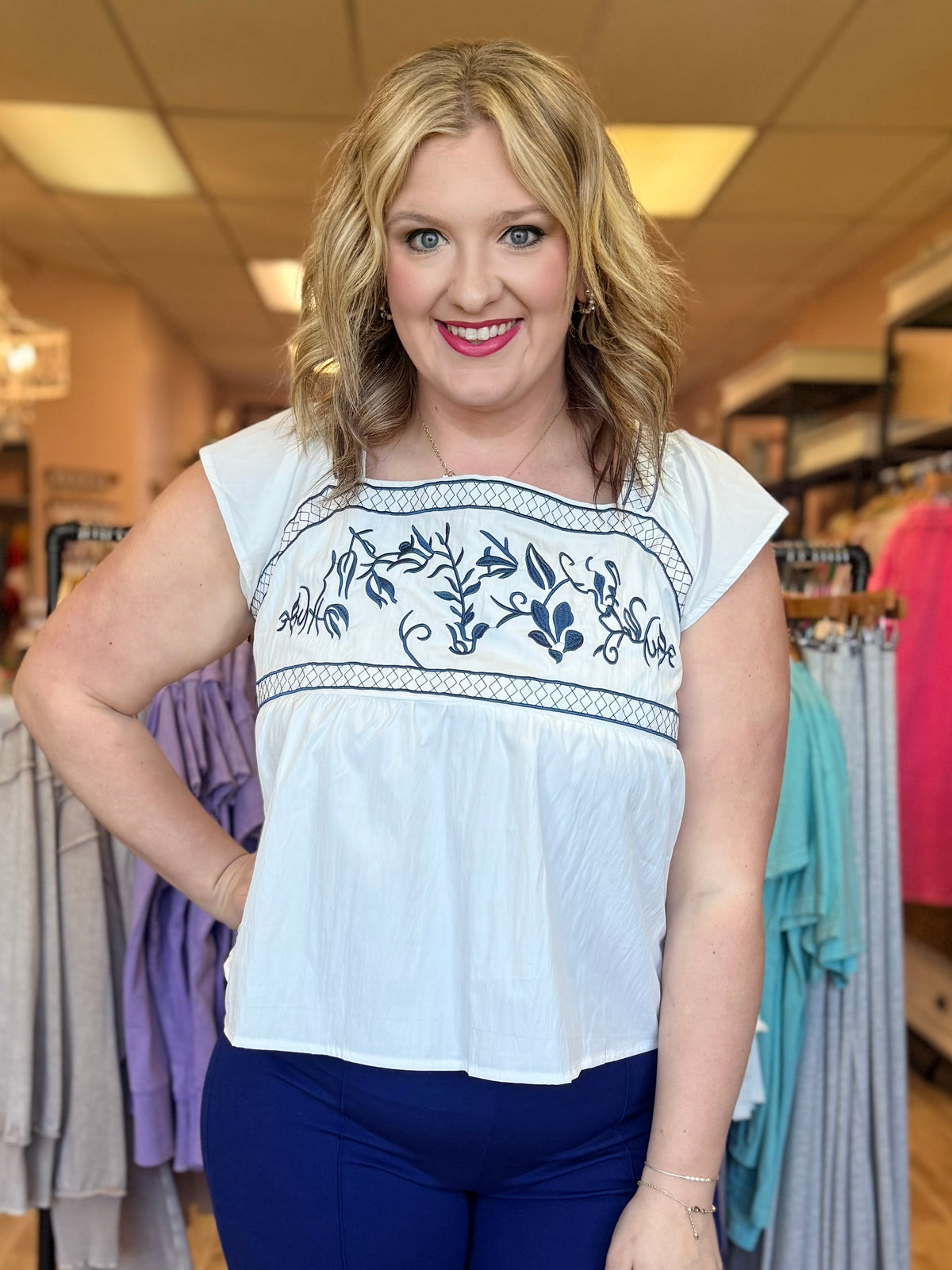 Embroidered Squared Neck Collar Ruffled Top
