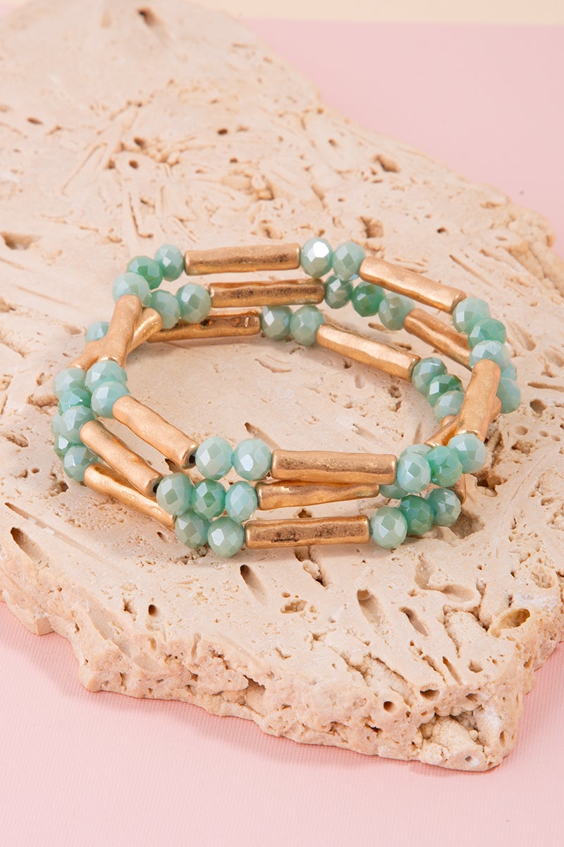 Mint Bead & Gold Tube Stretch Bracelet Set
