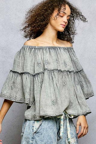 Off Shoulder Bell Sleeves Floral Embroidery Top