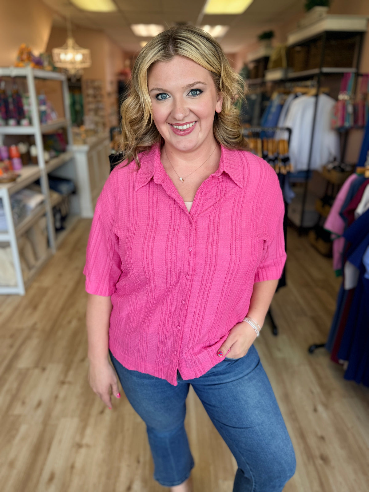 Textured Boxy Button Down Top