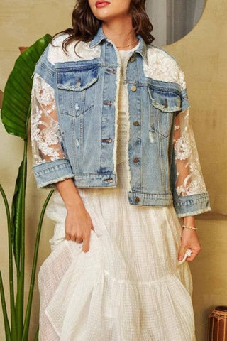 Denim Jacket with Lace Sleeves