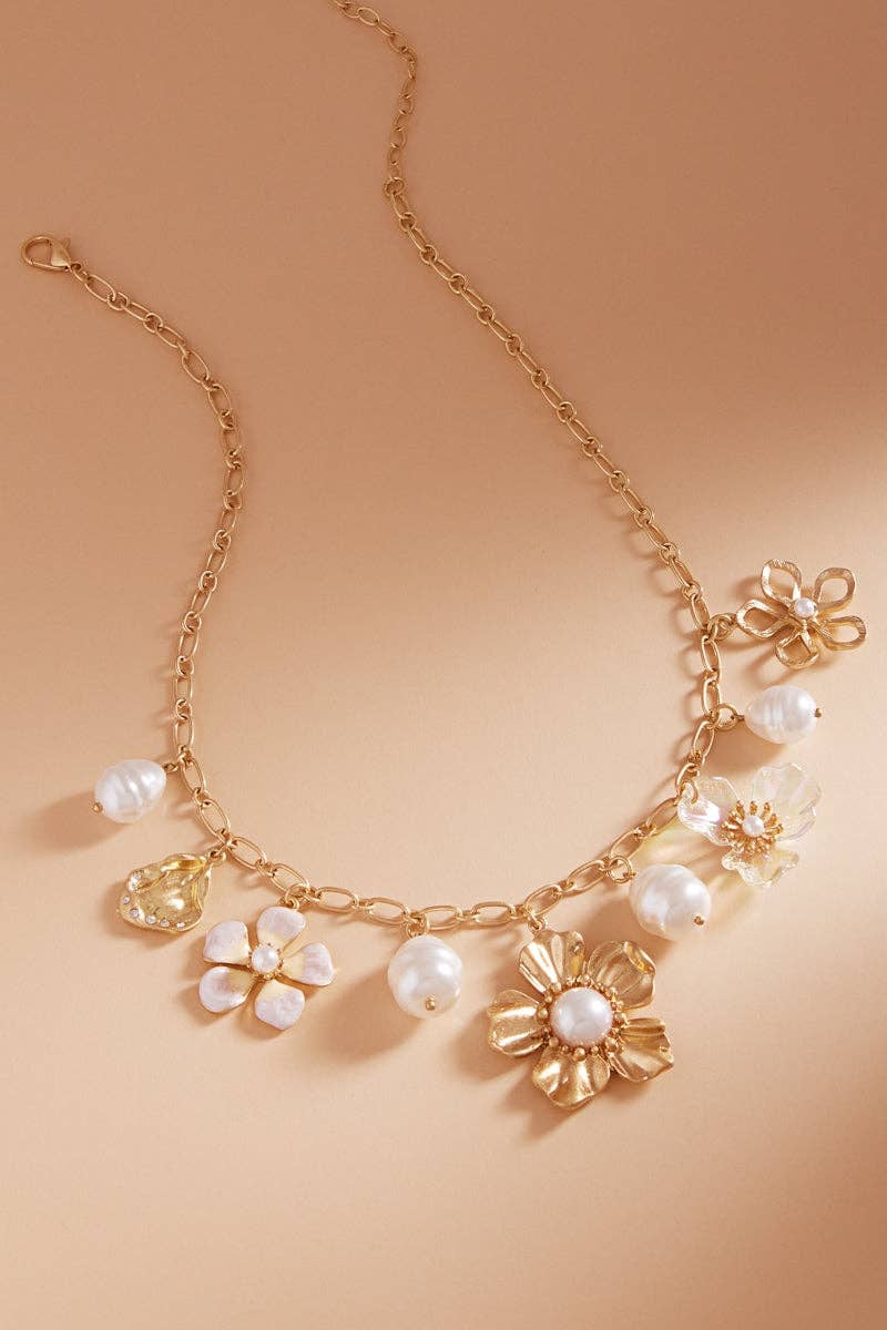 Gold Flower & Pearl Charm Necklace