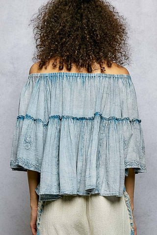 Off Shoulder Bell Sleeves Floral Embroidery Top