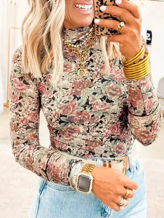 Retro Floral Print Mock Neck Mesh Top