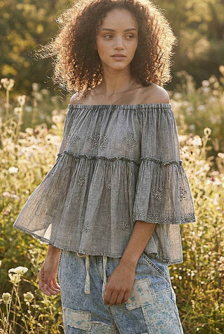 Off Shoulder Bell Sleeves Floral Embroidery Top