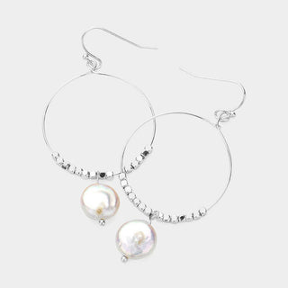 Freshwater Pearl Pointed Open Circle Wire Dangle Earrings