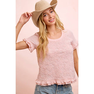 Textured Flower Ruffled Sleeve Top