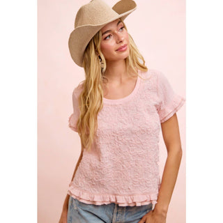 Textured Flower Ruffled Sleeve Top