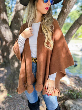 Brown Ruffled Knit Cape Ruana Shawl