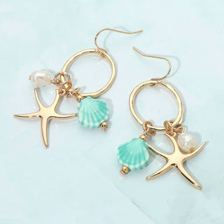 Metal Starfish Ceramic Shell Pearl Charm Drop Earrings