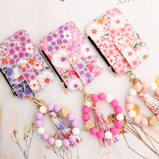 Floral Print Wallet with Silicone Bead Keychain