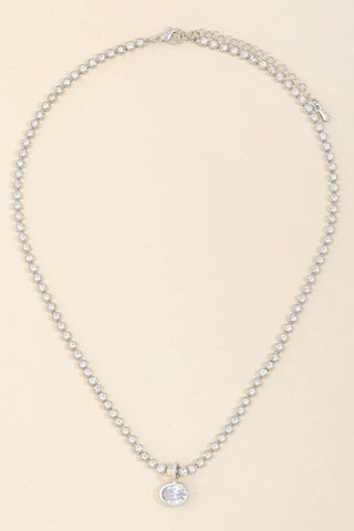 Bezel Cz Tennis Chain Oval Pendant Necklace