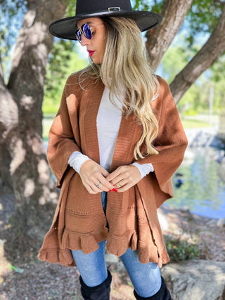 Brown Ruffled Knit Cape Ruana Shawl