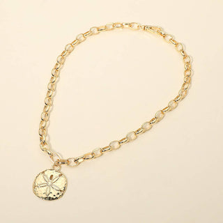 Hammered Metal Sand Dollar Pendant Chunky Chain Necklace
