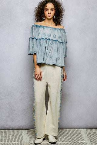 Off Shoulder Bell Sleeves Floral Embroidery Top