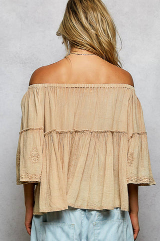 Off Shoulder Bell Sleeves Floral Embroidery Top