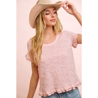 Textured Flower Ruffled Sleeve Top