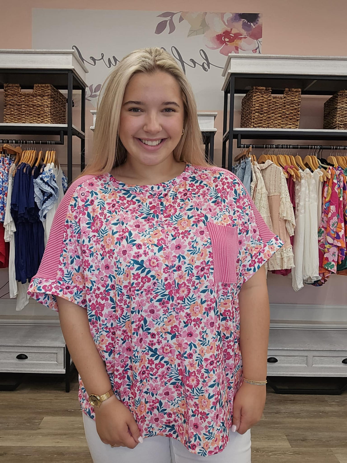 Floral Print Corded Patchwork Loose Top