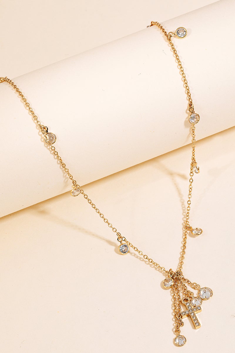 Pave Cross and Rhinestone Charms Necklace