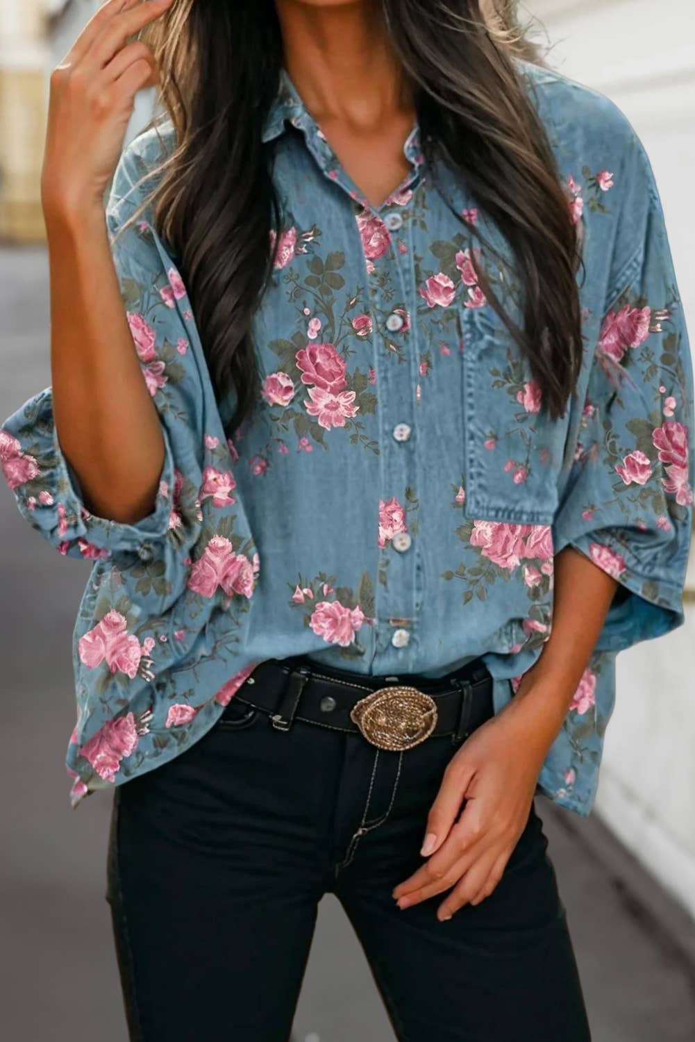 Floral Print Button Up 3/4 Sleeve Denim Shirt