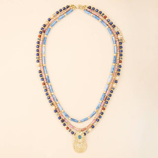 Layered Semi Precious Bead Sunburst Medallion Necklace