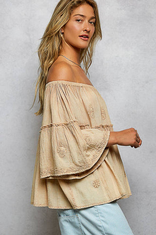 Off Shoulder Bell Sleeves Floral Embroidery Top