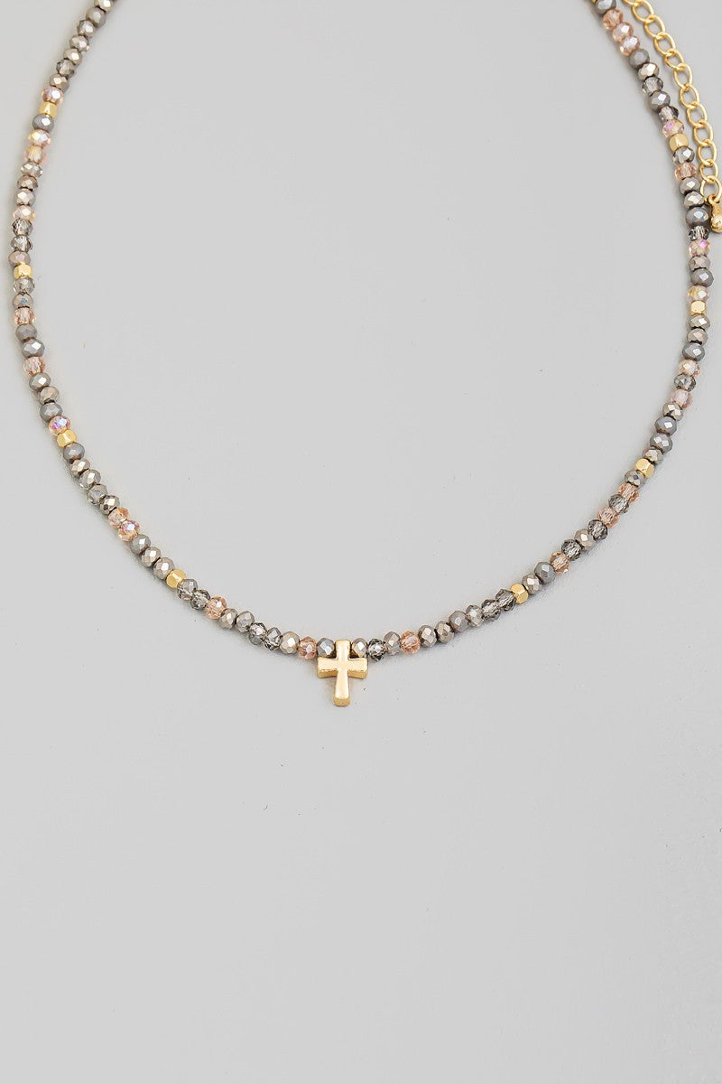 Glass Beaded Cross Charm Necklace