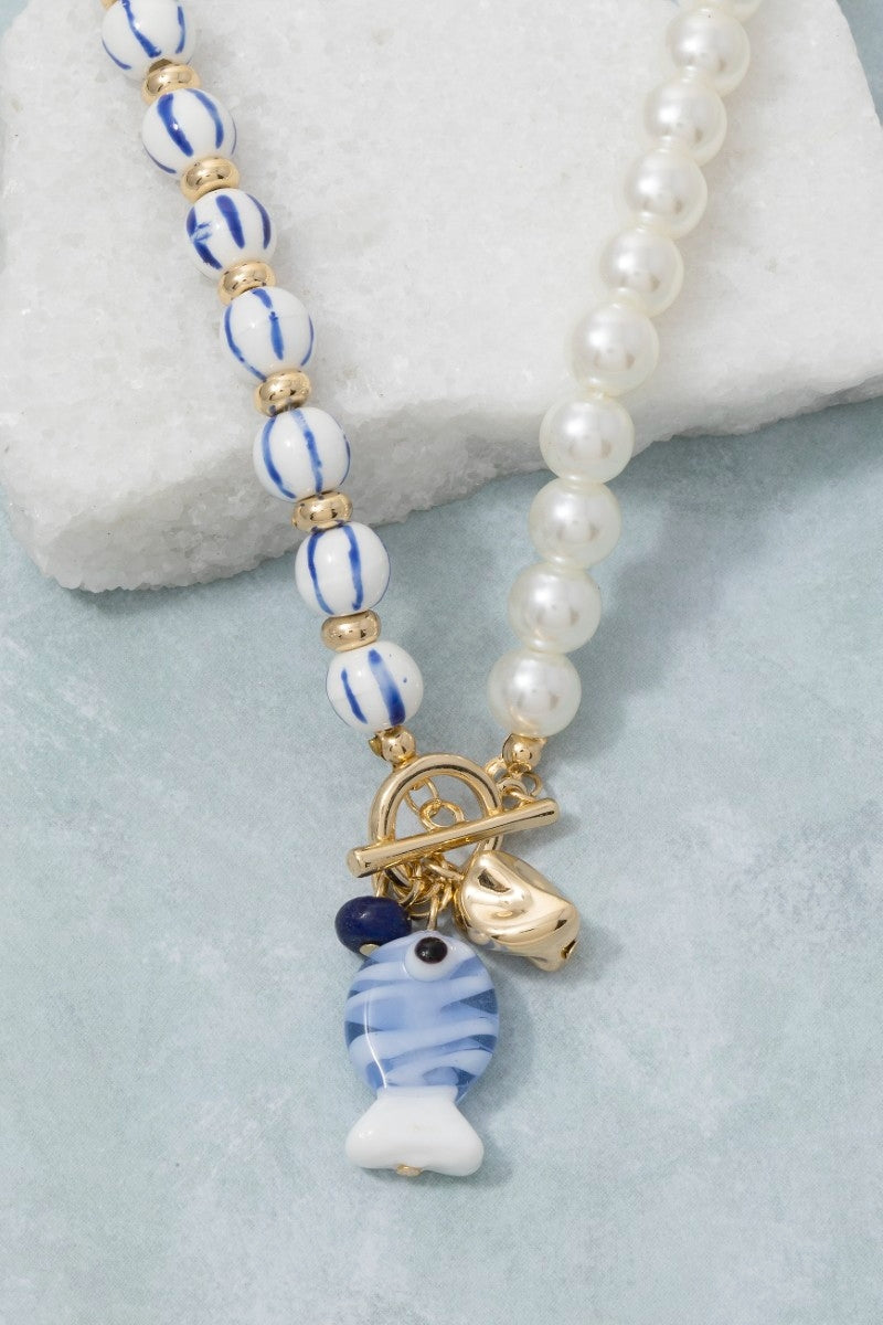Blue Stripe Pearl Fish Pendant Necklace