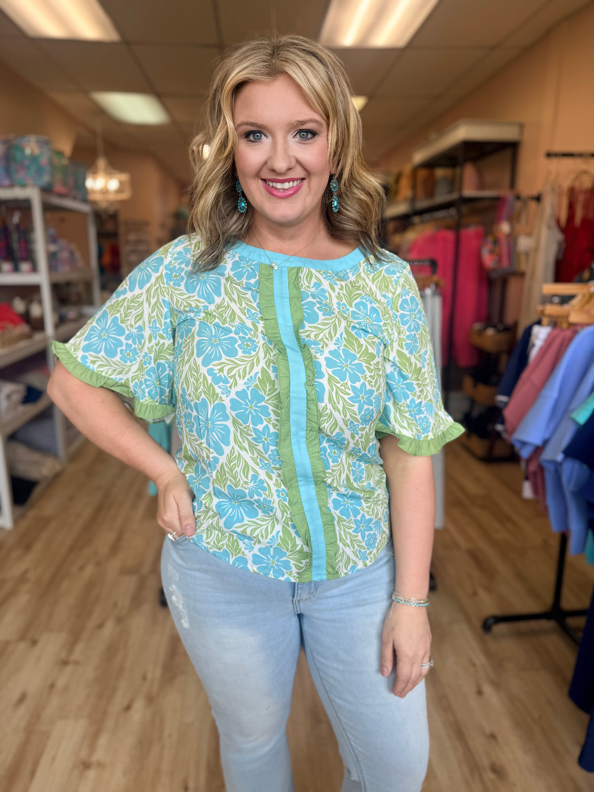 Floral Print Frill Trim Blouse