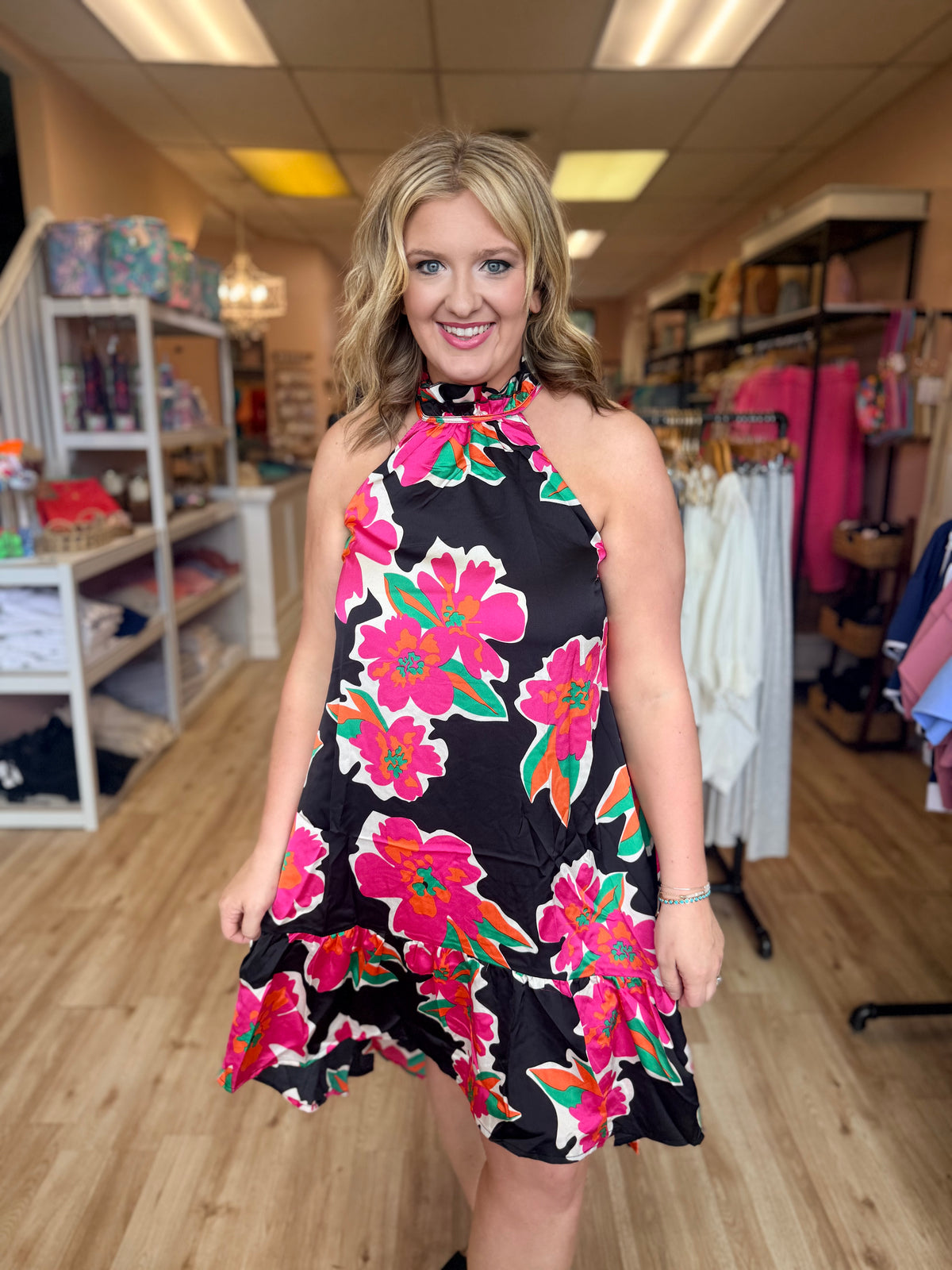 Floral Print Sleeveless Halter Neck Midi Dress