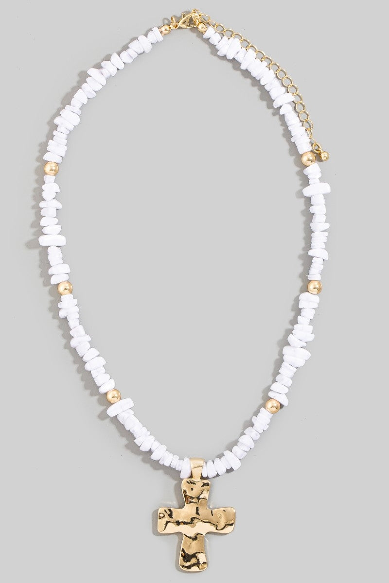 Gold Cross Pendant Chop Stone Necklace