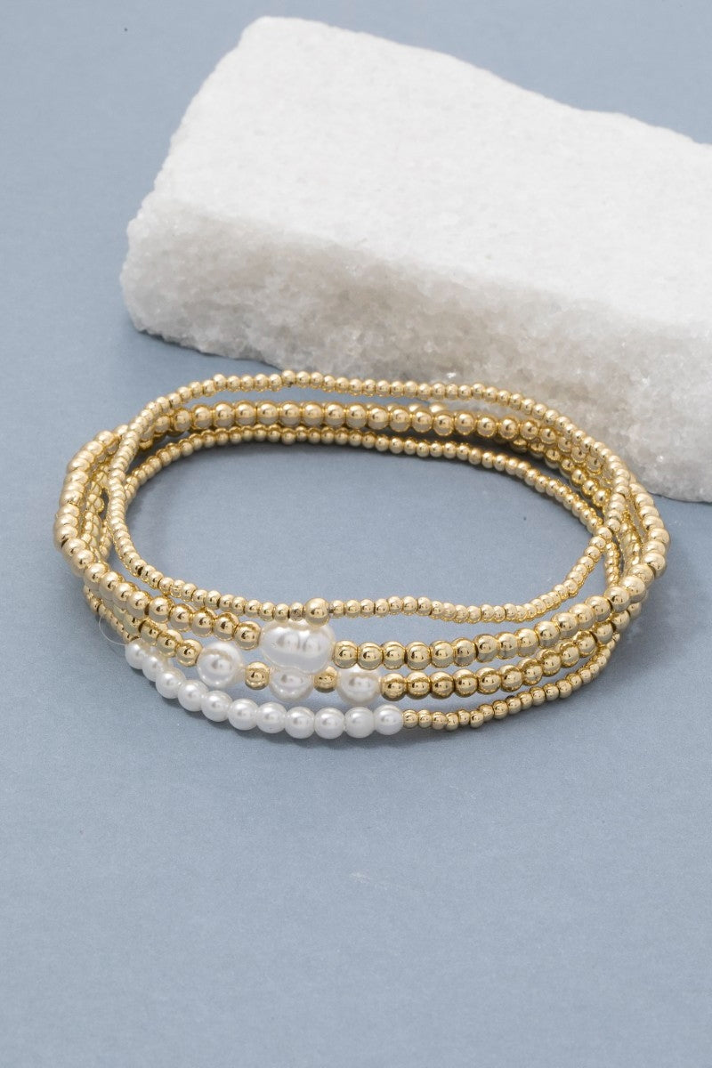 Mixed Pearl & Metallic Elastic Bracelet Set